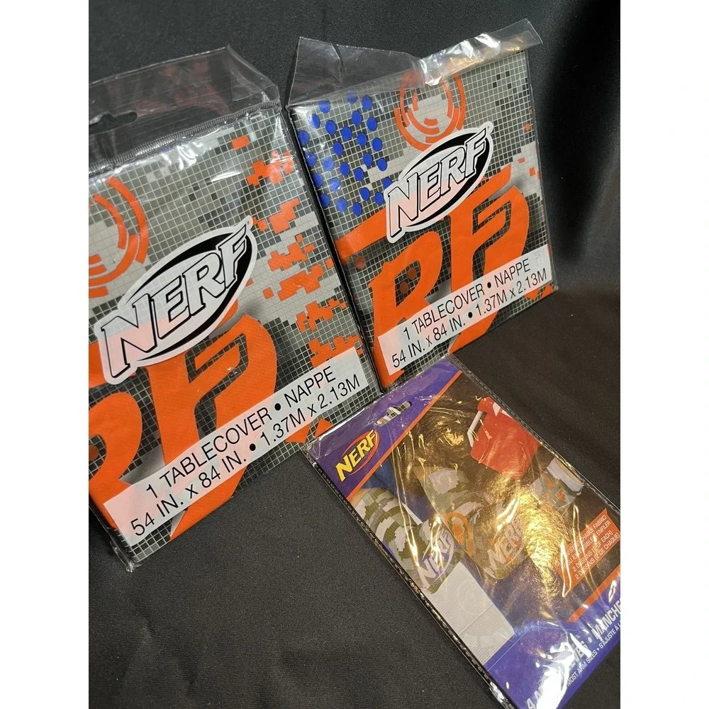 NERF Party Supplies Lot: 2 Plastic Tablecovers & 1 Pack of 4 Arm Sleeves Blaster